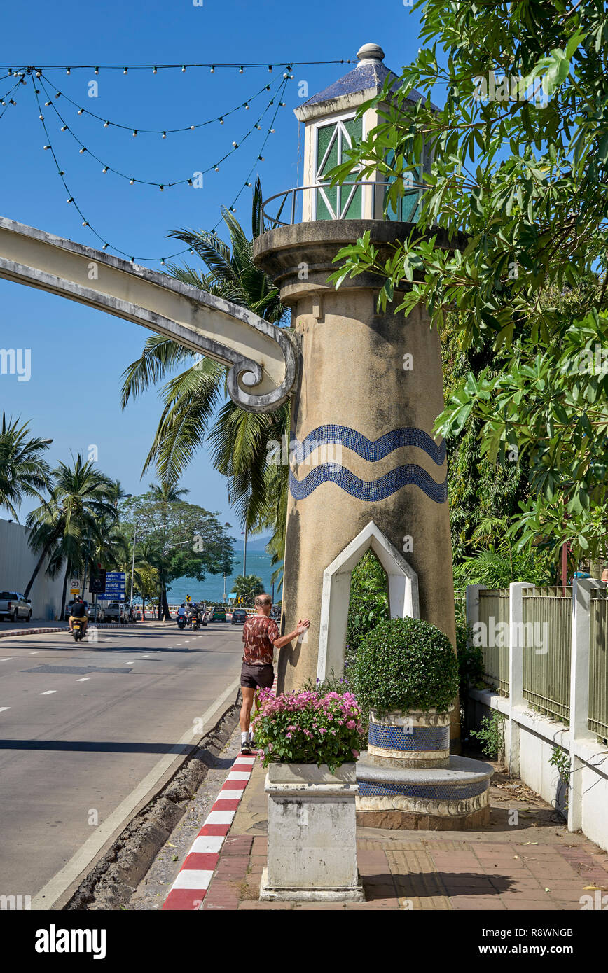 Pavement blocked by structure with pedestrian having difficulty passing through. Pattaya Thailand Southeast Asia Stock Photo