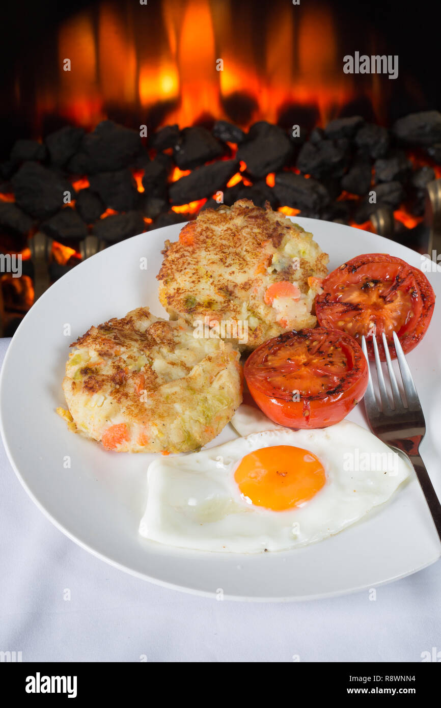 A Traditional dish of leftover Christmas dinner veg made into bubble and squeak served with