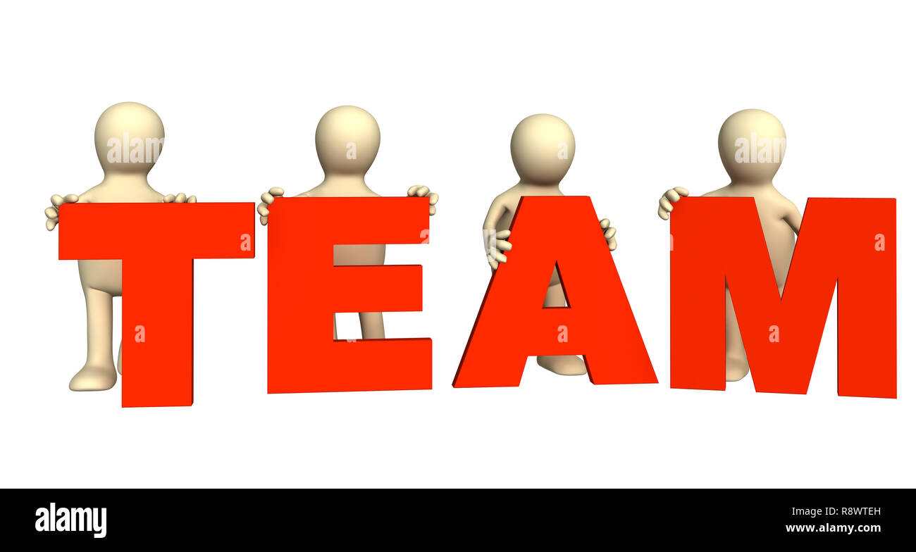 Four 3d persons, making of letters a word team. Objects over white ...