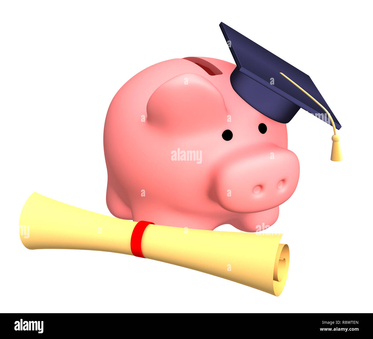 Piggy bank with cap and the diploma. Objects over white Stock Photo