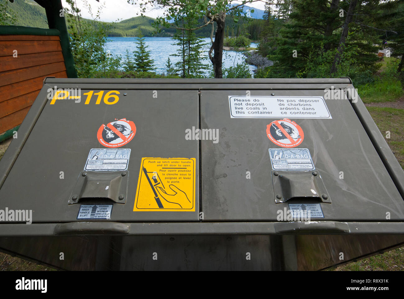 Bear proof rubbish bin at Lake Minnewanka, Banff National Park, Rocky