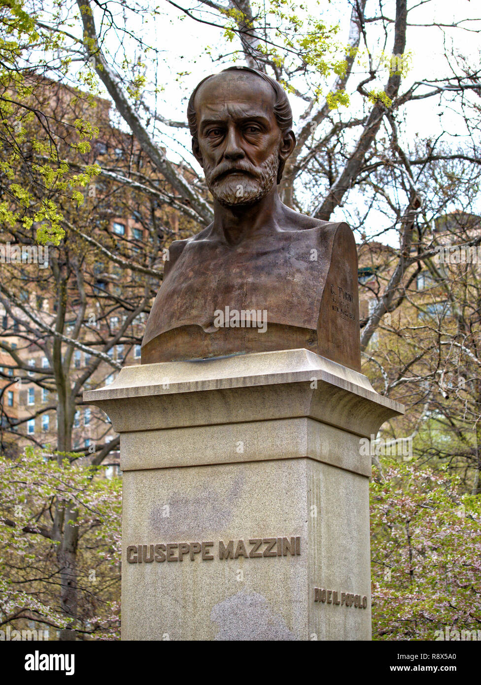 bronze portrait bust Italian patriot Giuseppe Mazzini Statue Central Park Manhattan New York City Stock Photo