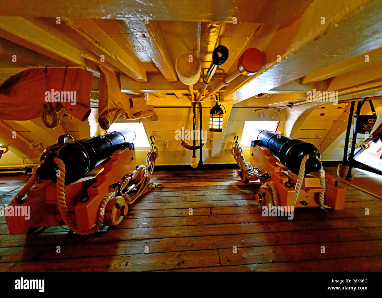 Portsmouth Hampshire HMS Victory gun deck and two cannon Stock Photo