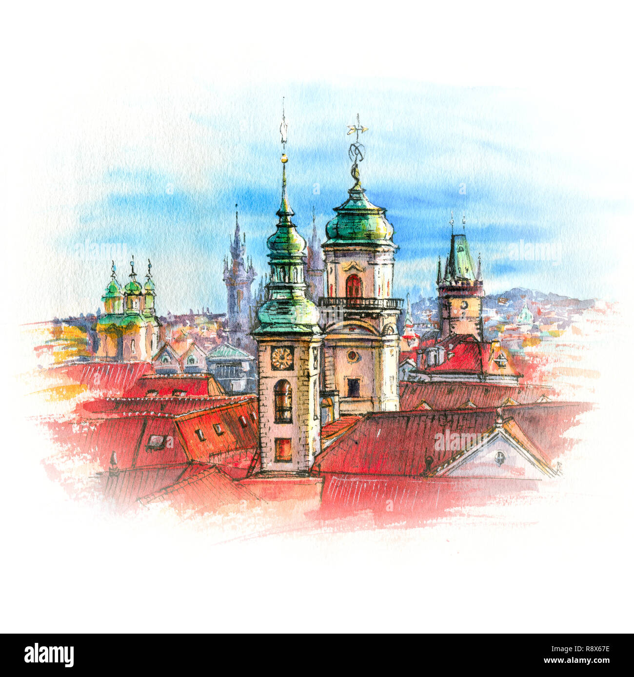 Watercolor Prague, Czech Republic Stock Photo