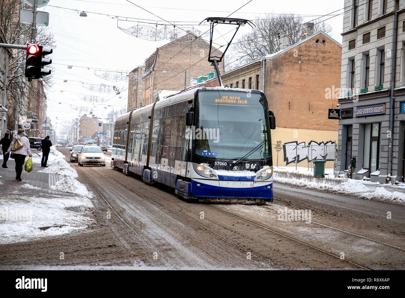 Rigas Satiksme. English: Traffic of Riga, is a municipally-owned public transportation and parking authority serving Riga Stock Photo