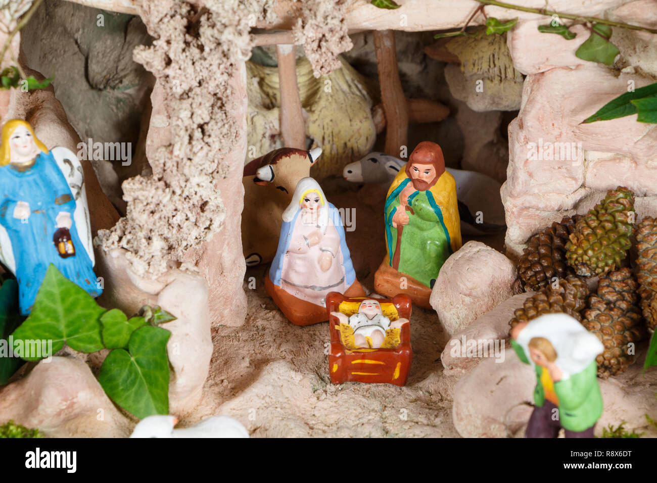 Nativity scene with provencal Christmas crib figures in terracotta Stock Photo