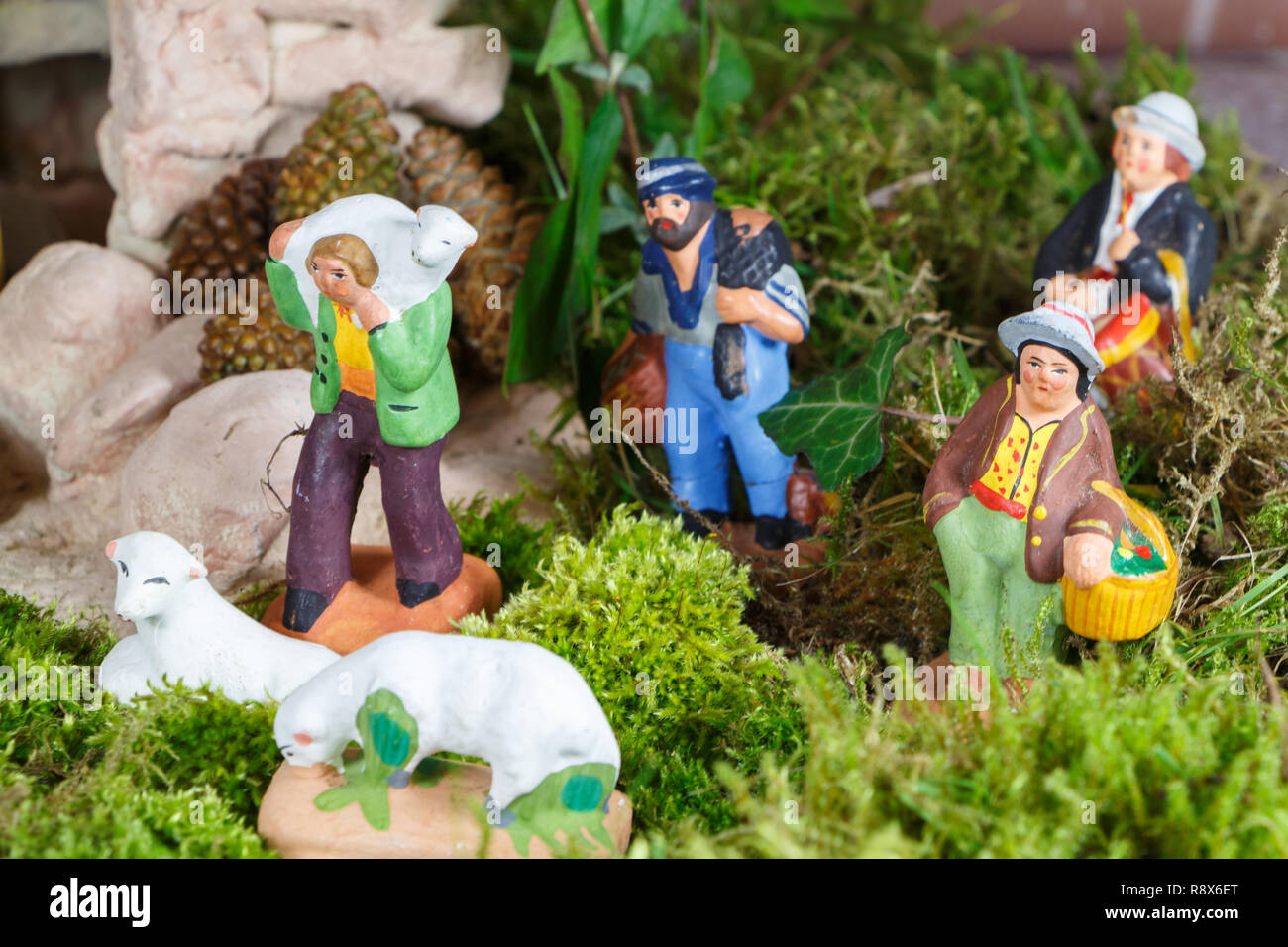 Nativity Scene With Provencal Christmas Crib Figures In Terracotta