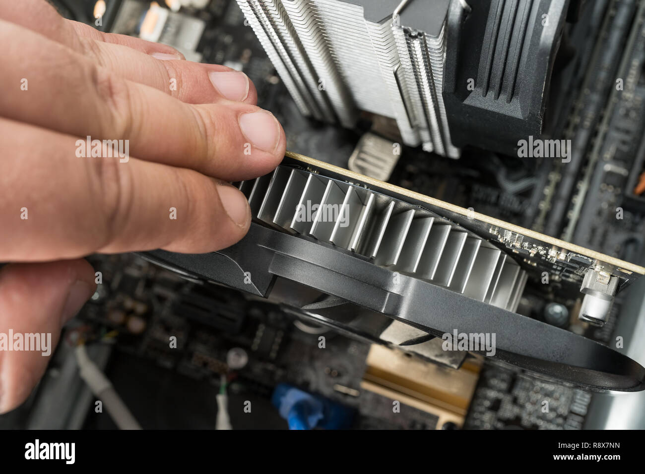 Caucasian man assembling pc computer internal parts. Closeup on graphics card and cpu processor heat sink. Stock Photo