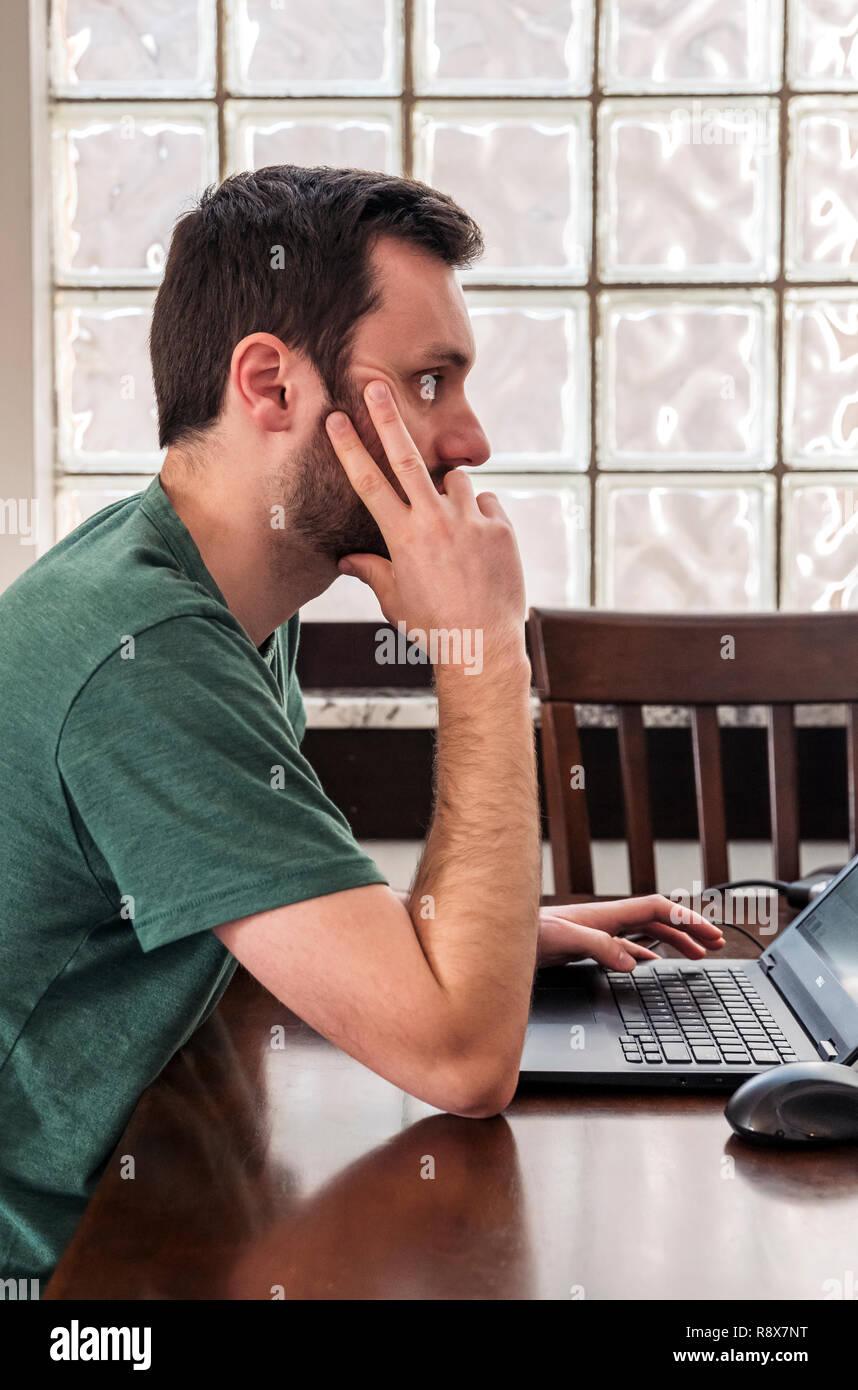 Young bearded man at home working remotely on laptop computer in front of glass block wall Stock Photo