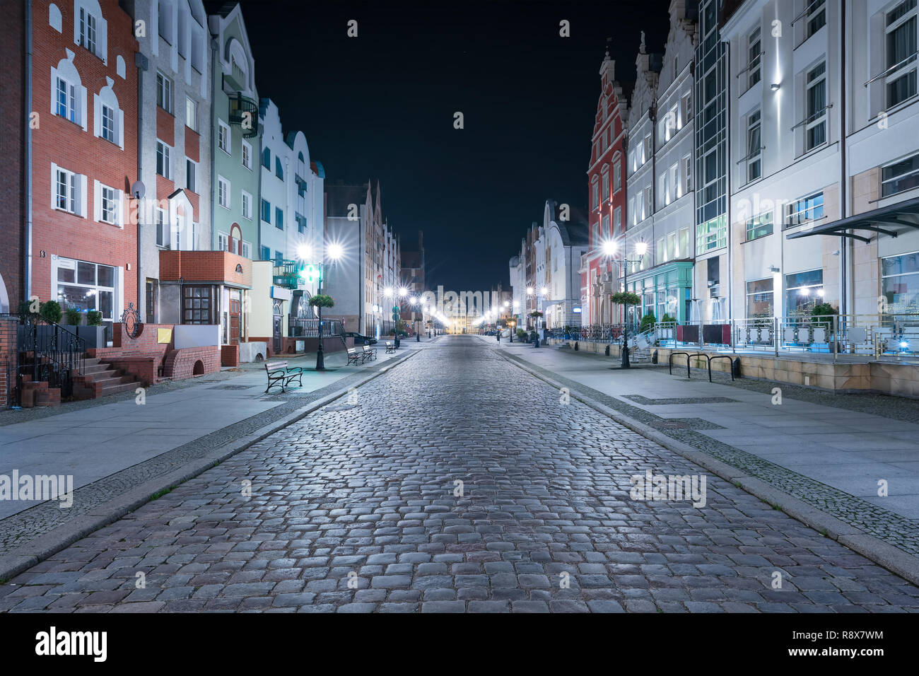Old town of Elblag, Poland at night. Renovated tenement houses on Stary