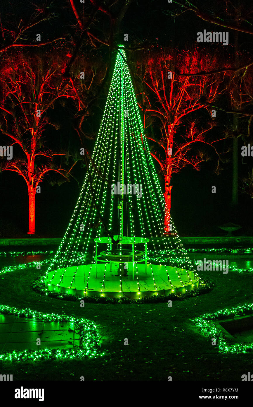 Night view of Christmas lights & decorations; Longwood Gardens; Kennett Square; Pennsylvania; USA Stock Photo
