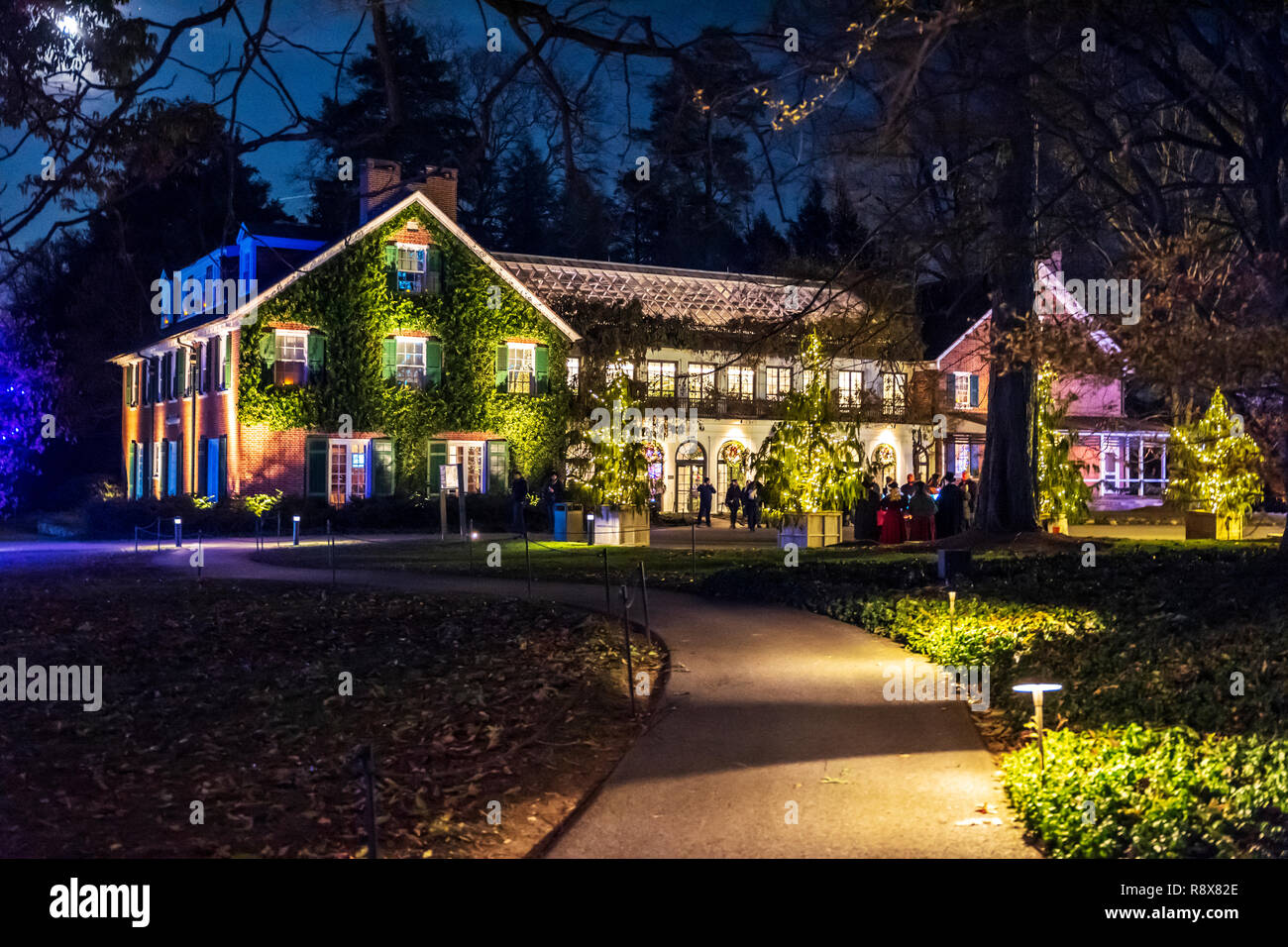Night view of Conservatory; Christmas lights & decorations; Longwood