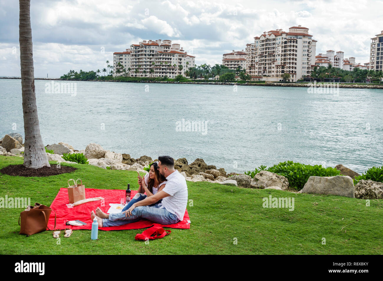 Miami Beach Florida,South Pointe Park,Government Cut,Biscayne Bay,Fisher Island,condominium residential apartment apartments building buildings housin Stock Photo
