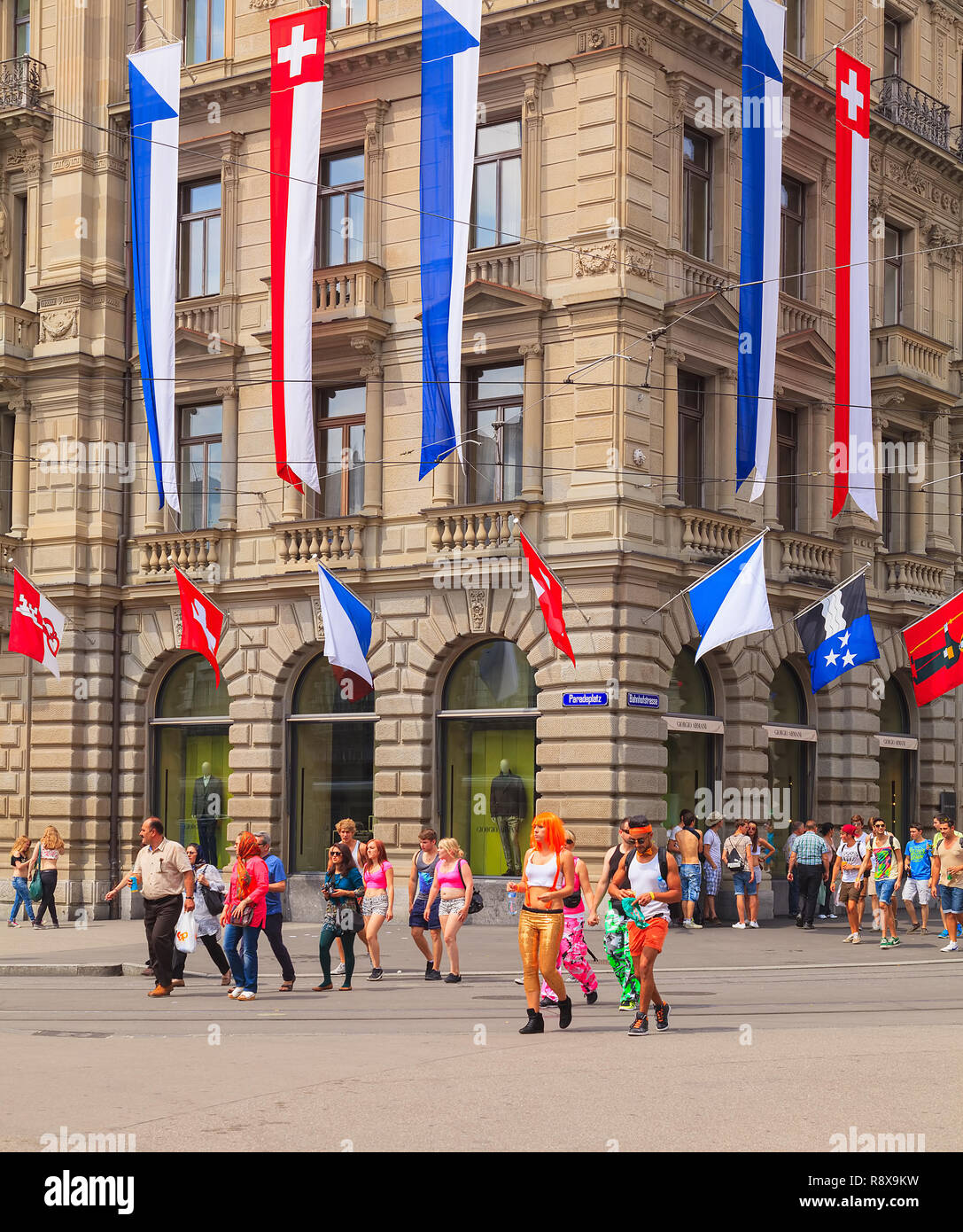 Zurich, Switzerland - August 2, 2014: Paradeplatz square on the day of the Street Parade. The Street Parade is the most attended technoparade in Europ Stock Photo