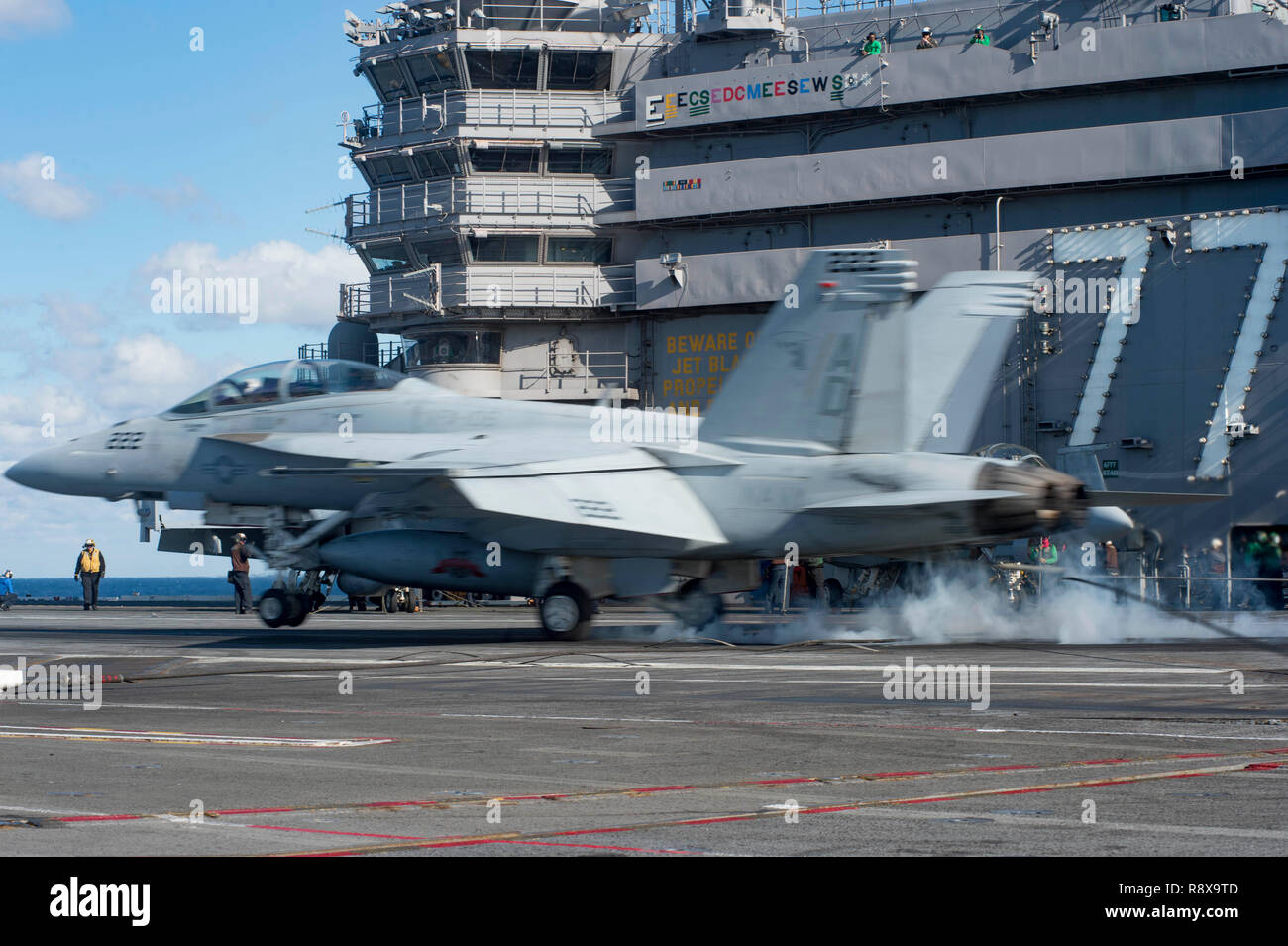 181204-N-EE423-0093 ATLANTIC OCEAN (Dec. 4, 2018) An F/A-18F Super Hornet lands on the flight deck aboard the aircraft carrier USS George H.W. Bush (CVN 77). GHWB is underway in the Atlantic Ocean conducting routine training exercises to maintain carrier readiness. (U.S. Navy photo by Mass Communication Specialist Seaman Apprentice Sophie Pinkham) Stock Photo