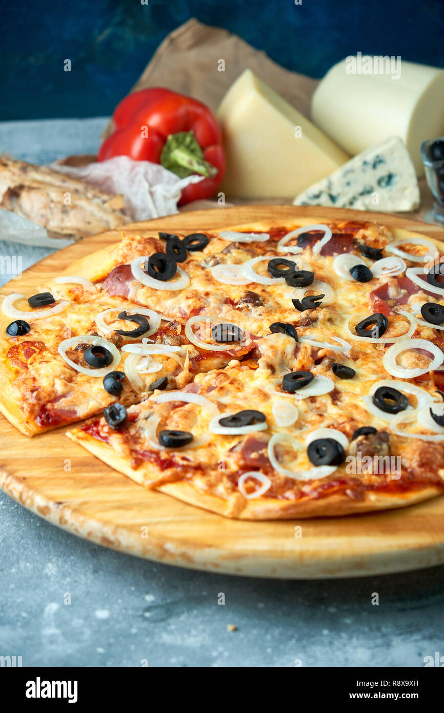 Slice of hot pizza large cheese lunch or dinner crust seafood meat ...