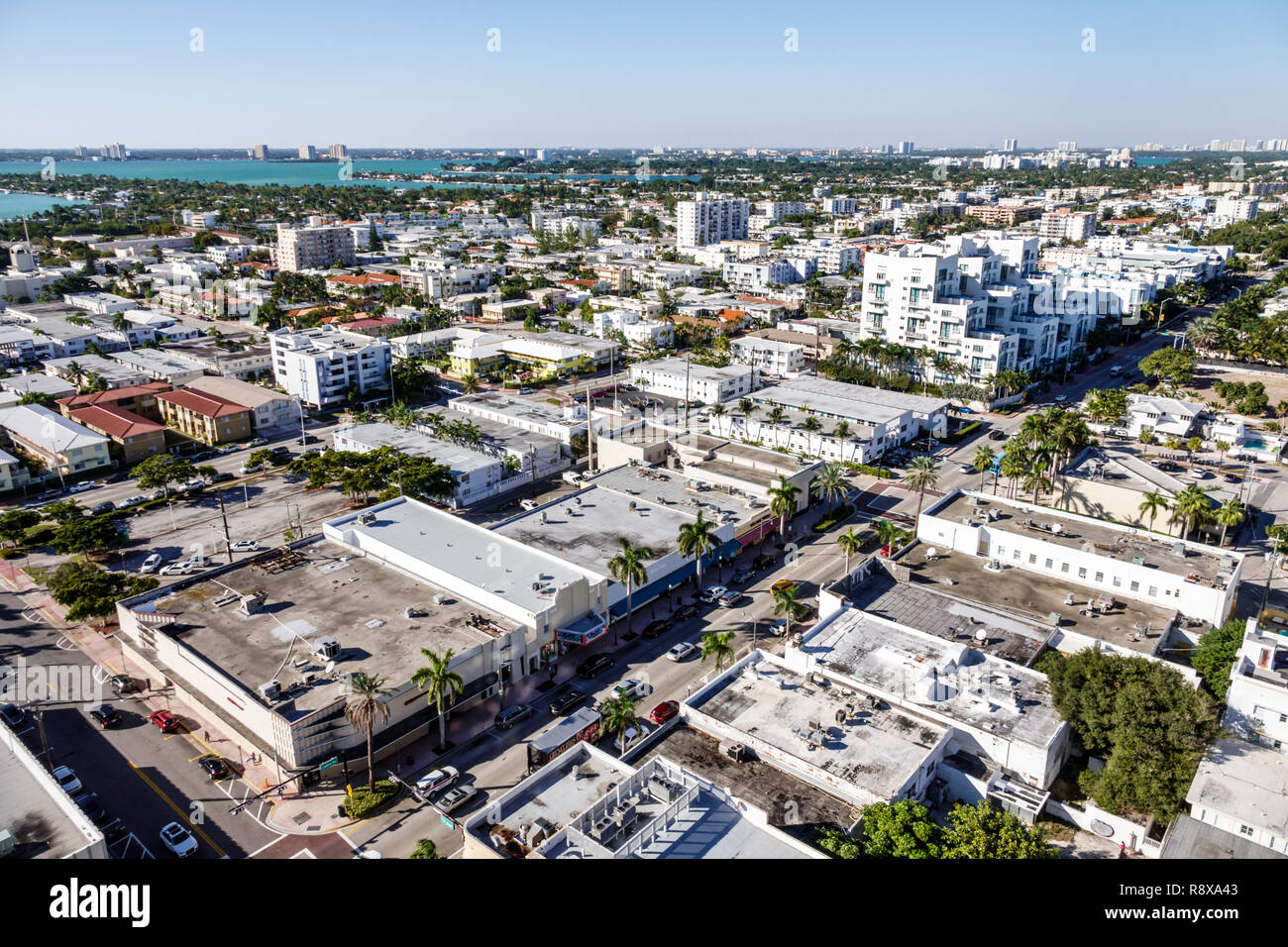 Miami Beach Florida,North Beach,aerial overhead view,flat roof buildings businesses residences,Biscayne Bay,FL181205135 Stock Photo
