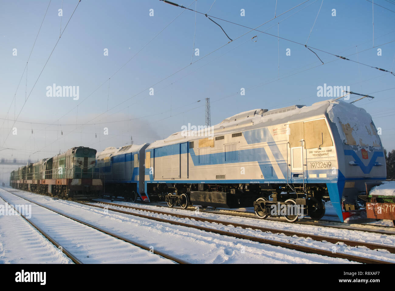 Novosibirsk, Russia - January 24, 2018: locomotive or engine is a rail transport vehicle that provides the motive power for a train. Stock Photo