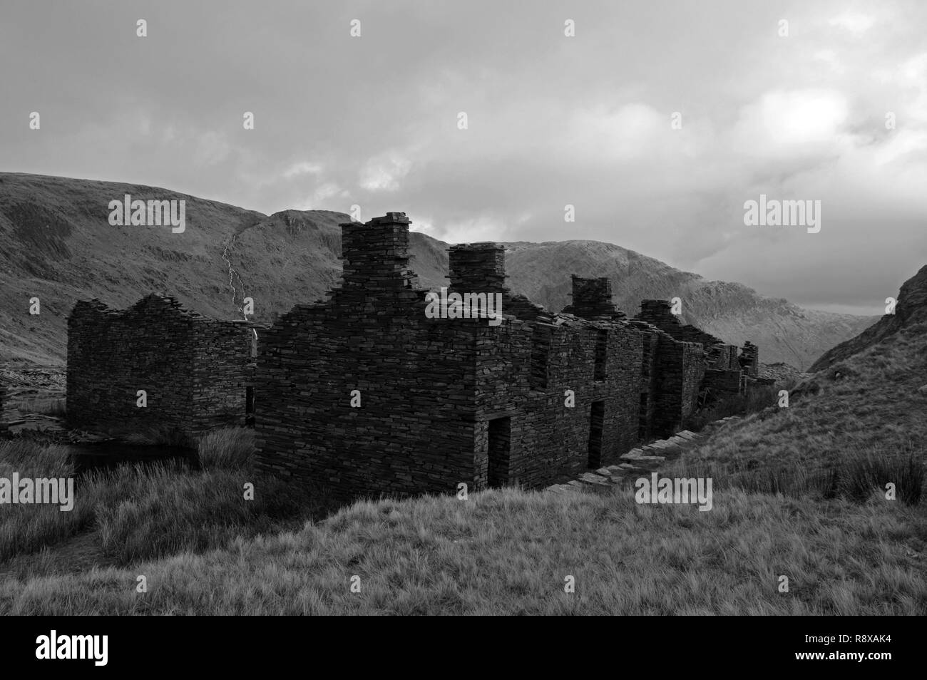 Abandoned Rhosydd slate quarry building, Tanygrisiau, Ffestiniog Stock Photo