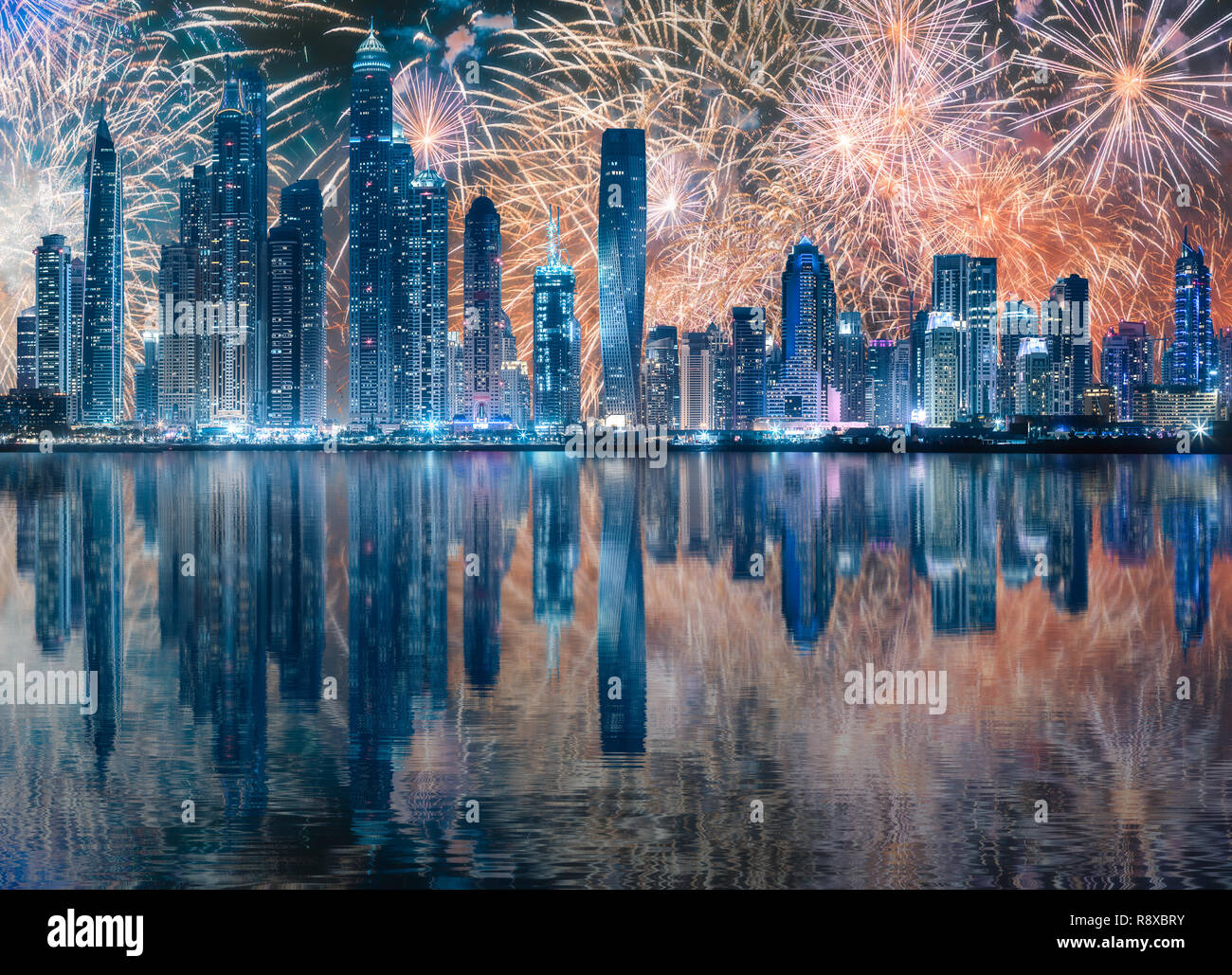 Beautiful fireworks above Dubai Marina bay, UAE Stock Photo Alamy