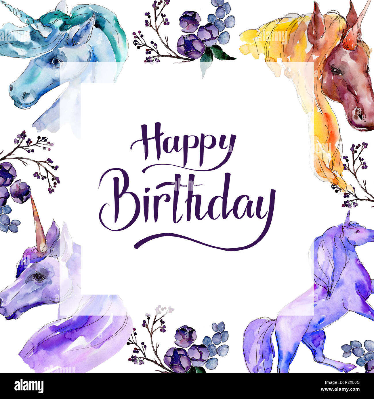 images Background Frame Happy Birthday Unicorn https www alamy com cute unicorn horse fairytale children dream watercolor background illustration set frame border ornament square image229233776 html