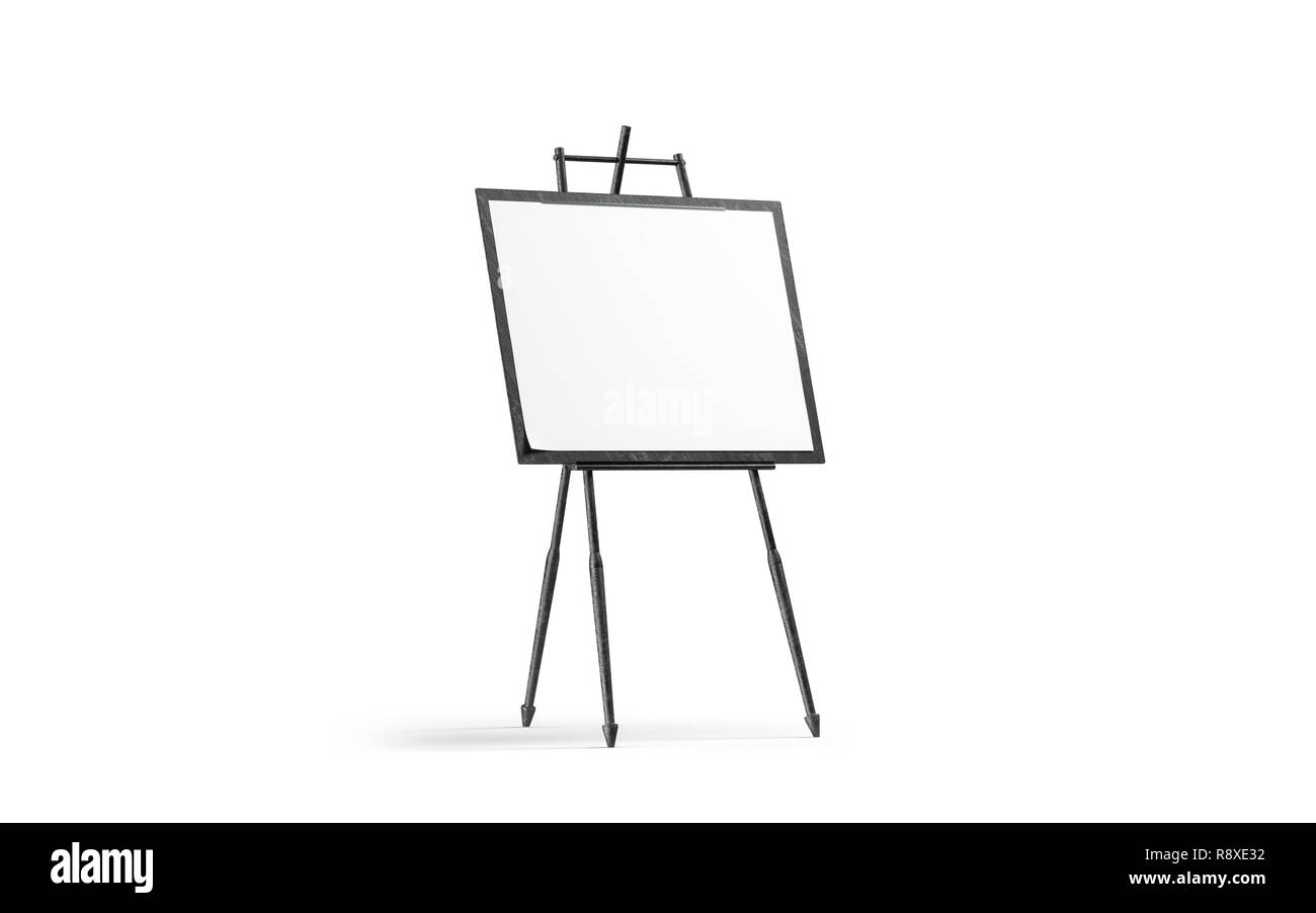 Blank white art canvas stand on black wooden easel mockup, isolated, 3d  rendering. Empty sketch mock up, side view. Tripod with banner for school  or studio. Clear exhibition painting template Stock Photo -