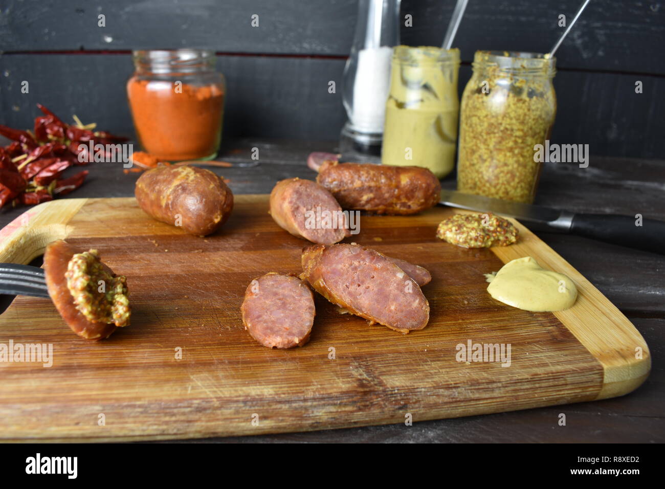 Homemade sausages with mustard Stock Photo