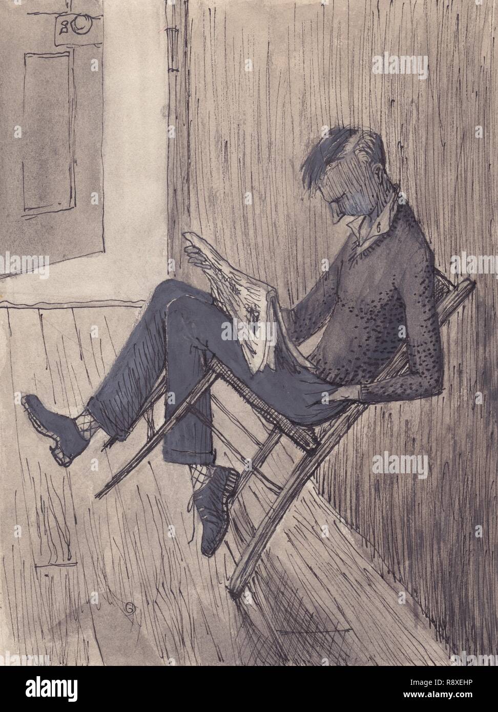 Young man leaning his chair against a wall, 1952. Creator Shirley