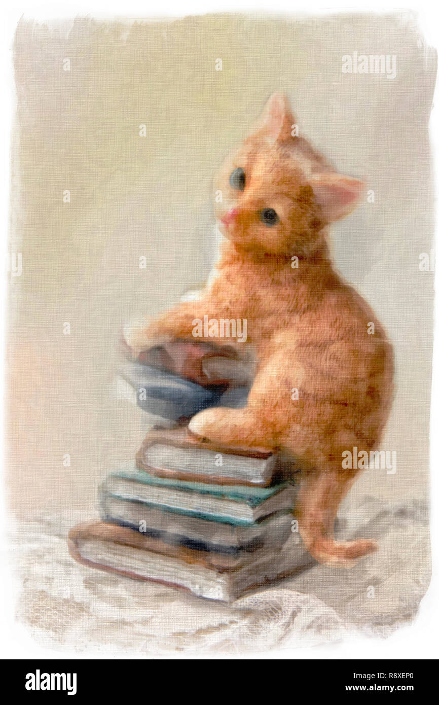 Cute cat standing on stack of books Stock Photo