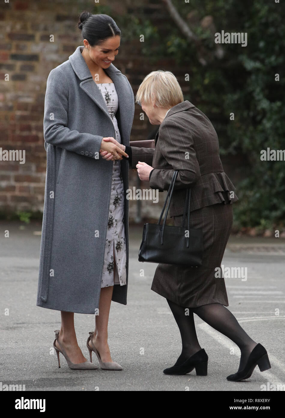 The Duchess of Sussex arrives for a visit to the Royal Variety Charity's residential nursing and care home, Brinsworth House, in Twickenham, west London. Stock Photo