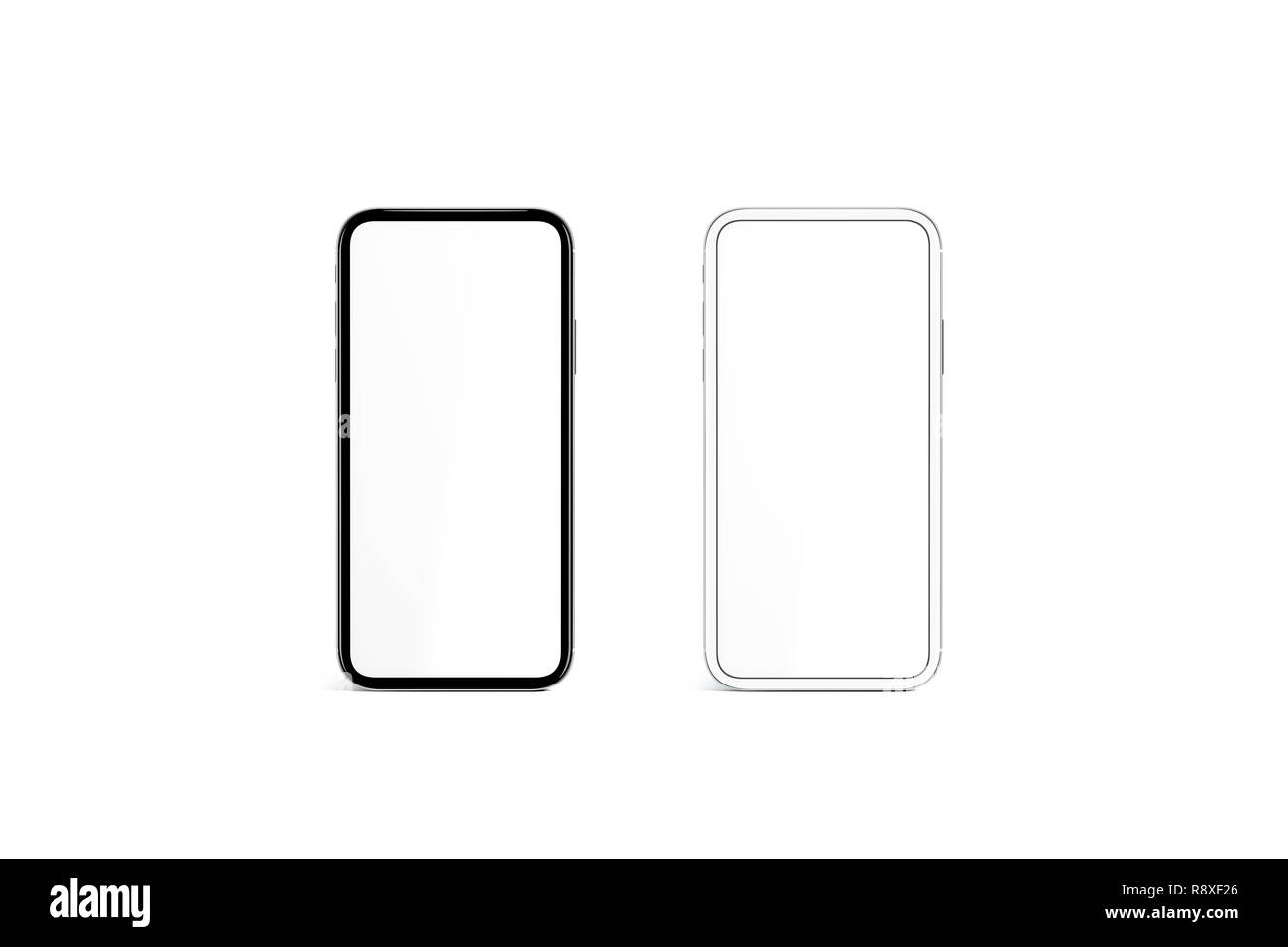 Blank white screen in black and silver phone frame mockup, 3d rendering. Empty smartphone touchscreen mock up set, isolated. Clear scren desktop template, front view. Stock Photo