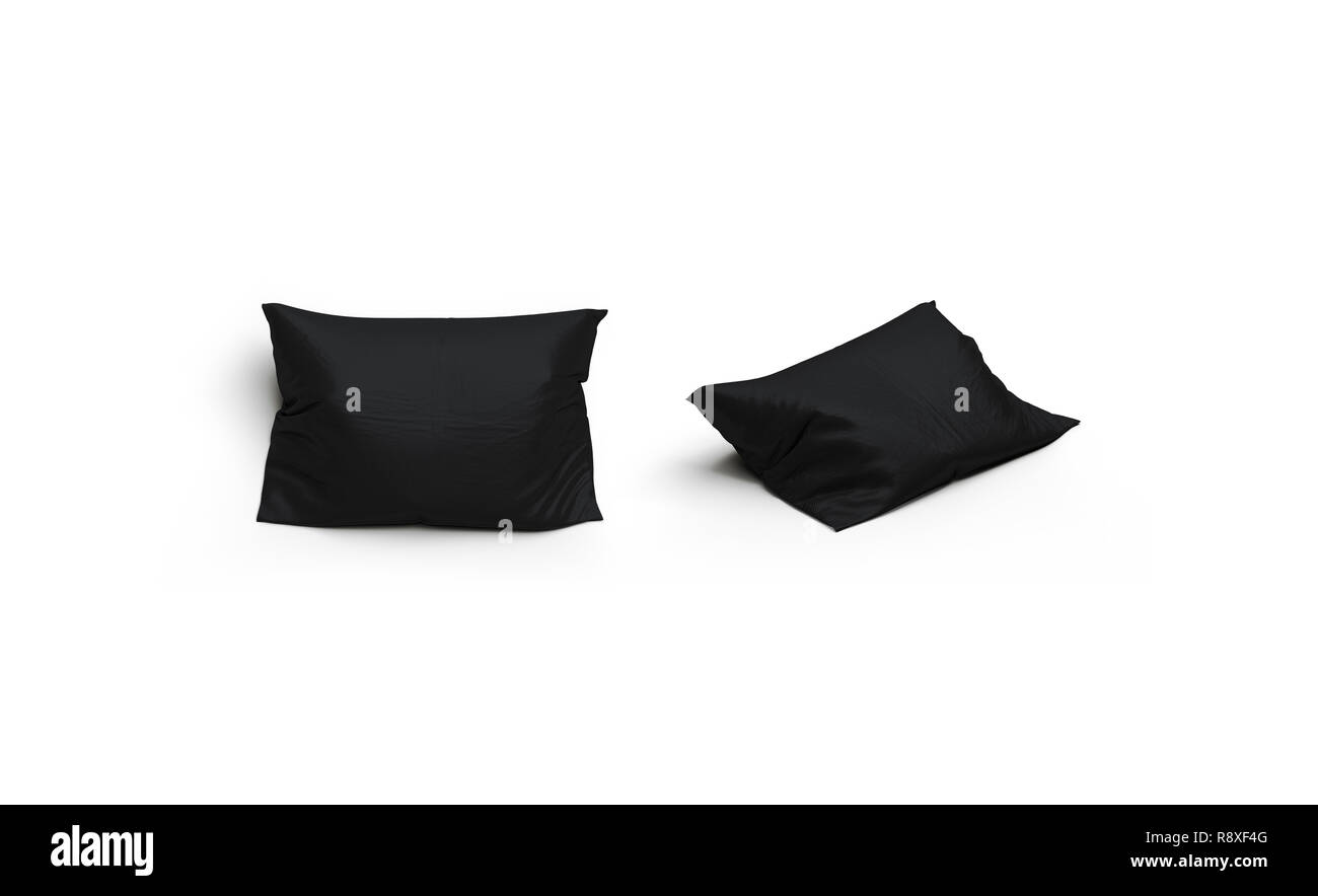 Blank black pillow mockup set, front and side view, isolated, 3d rendering. Empty soft shell for pilow mock up. Clear textile bedclothes template. Stock Photo