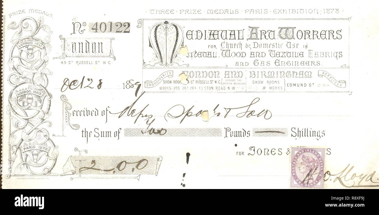 Receipt from Medieval Art Workers for Church & Domestic Use in Metal, Wood and Textile Fabrics 1889 Stock Photo