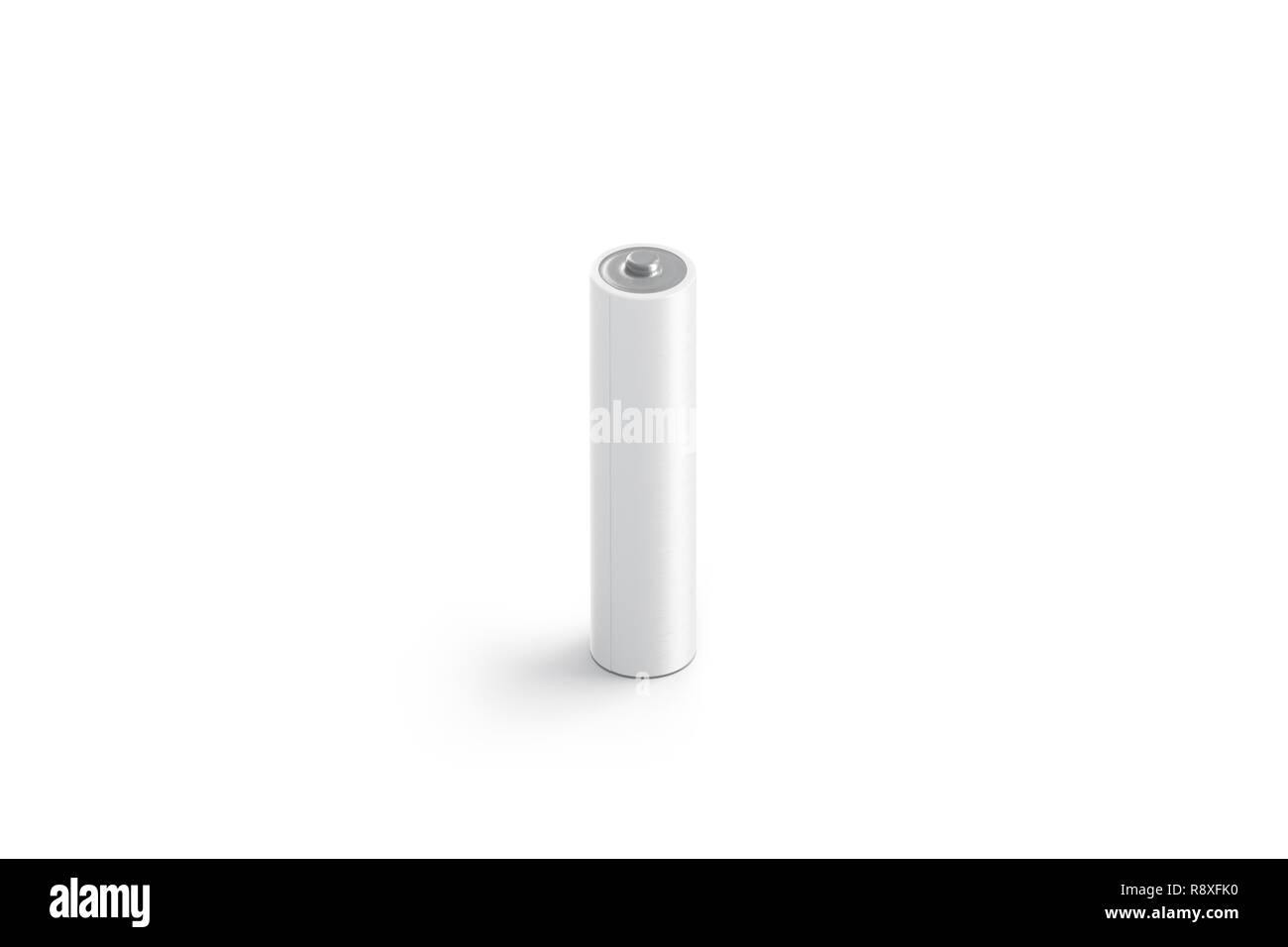 Blank white power battery mock up, isolated, 3d rendering. Empty alkaline accumulator mockup. Clear lithium batery for charging template. Voltage disposable radiator. Stock Photo