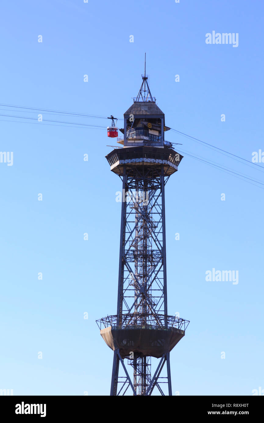Cable car tower, Port Vell marina, Barcelona, Catalunya Spain Stock Photo