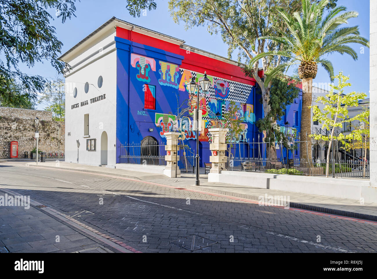 Gibraltar, British Overseas Territory -  November 8, 2018: Main Street and the Inces Hall Theatre with its repaint northern facade Stock Photo