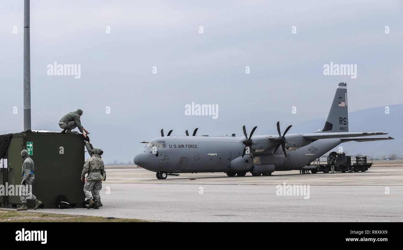 Airmen From The 86th Aircraft Maintenance Squadron Prep Their Work Area Overlooking The Flightline At Plovdiv Regional Airport Bulgaria March 14 17 The Maintainers Hang Up Netting To Shield Themselves From The