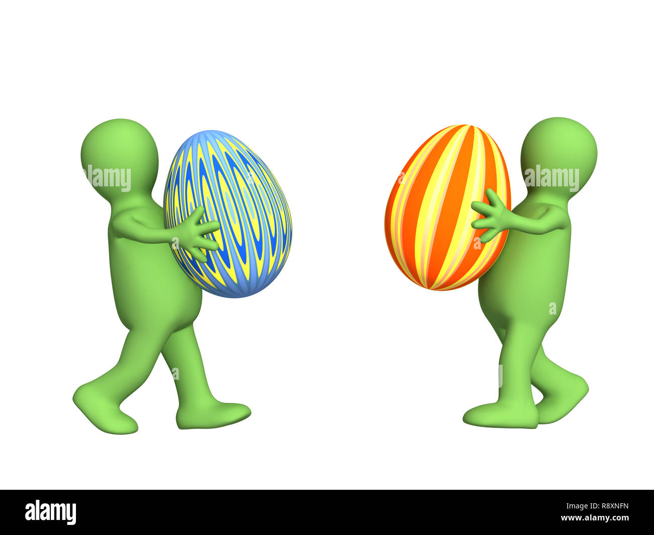 Two 3d persons - puppets, carrying easter eggs. Objects over white Stock Photo