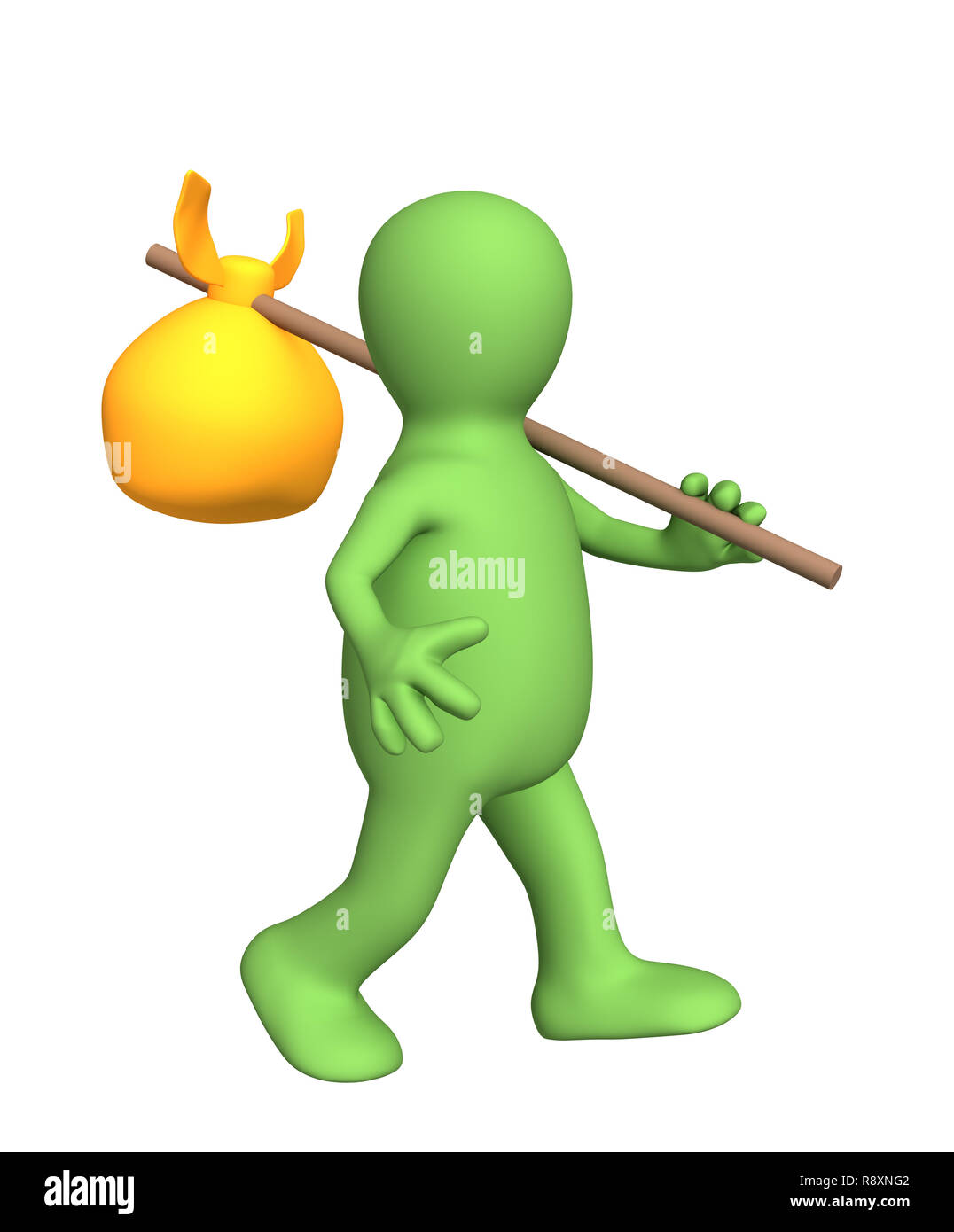 3d traveller puppet, carrying bag on a stick. Objects over white