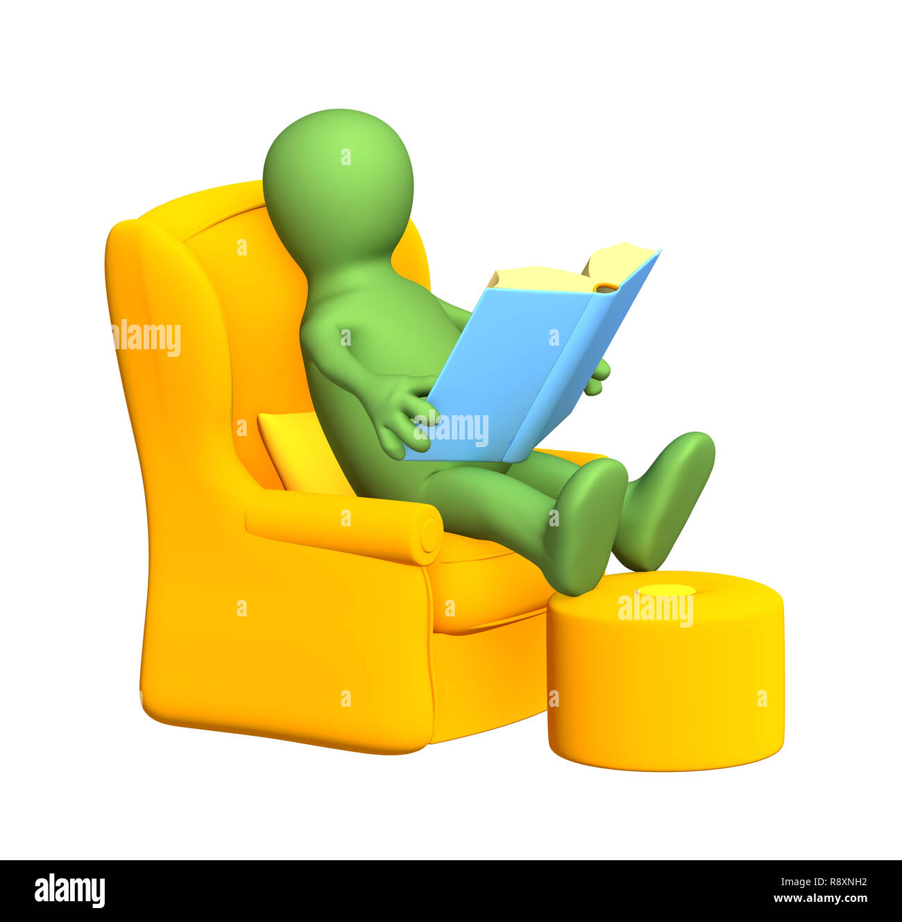 3d person puppet, reading the book in a soft armchair. Objects over