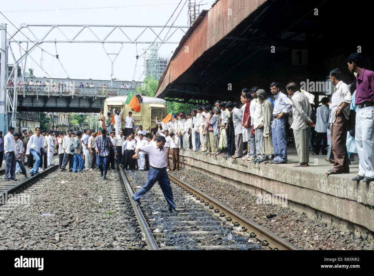 people Demonstration on railway station, bombay bandh, bombay mumbai, maharashtra, india Stock Photo