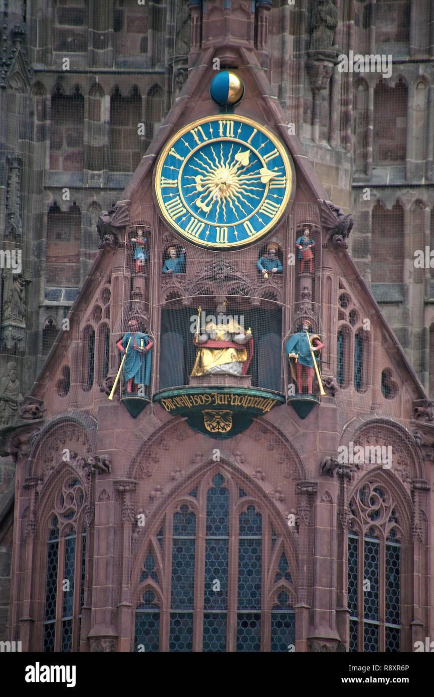Detail of Women church (Frauenkirche), Little men run, Main market, old town, Nuremberg, Bavaria, Germany, Europe Stock Photo