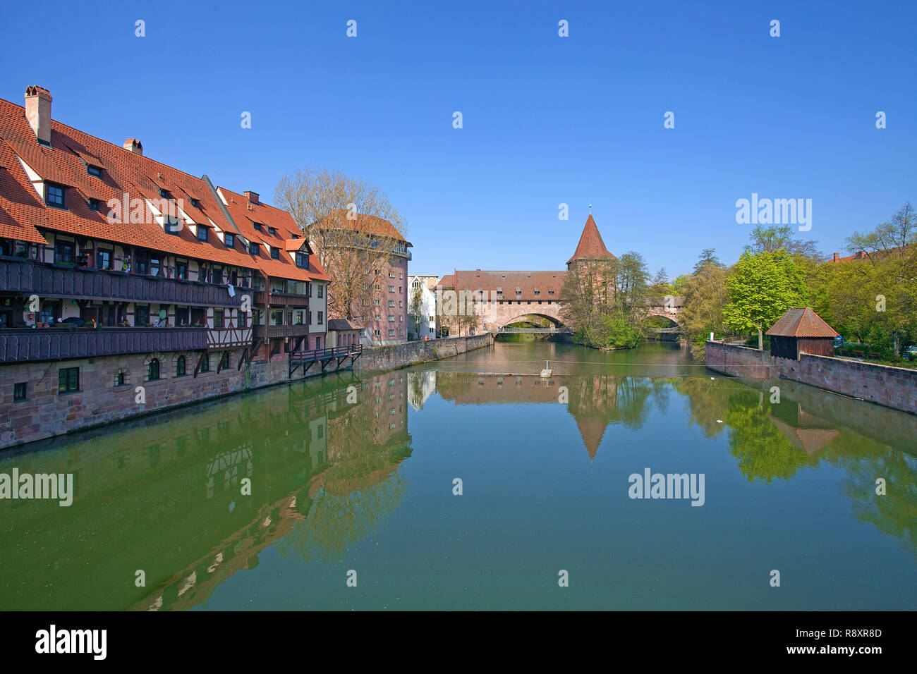 Pegnitz river, Hallertor and Kettensteg, old town, Nuremberg, Franconia, Bavaria, Germany, Europe Stock Photo