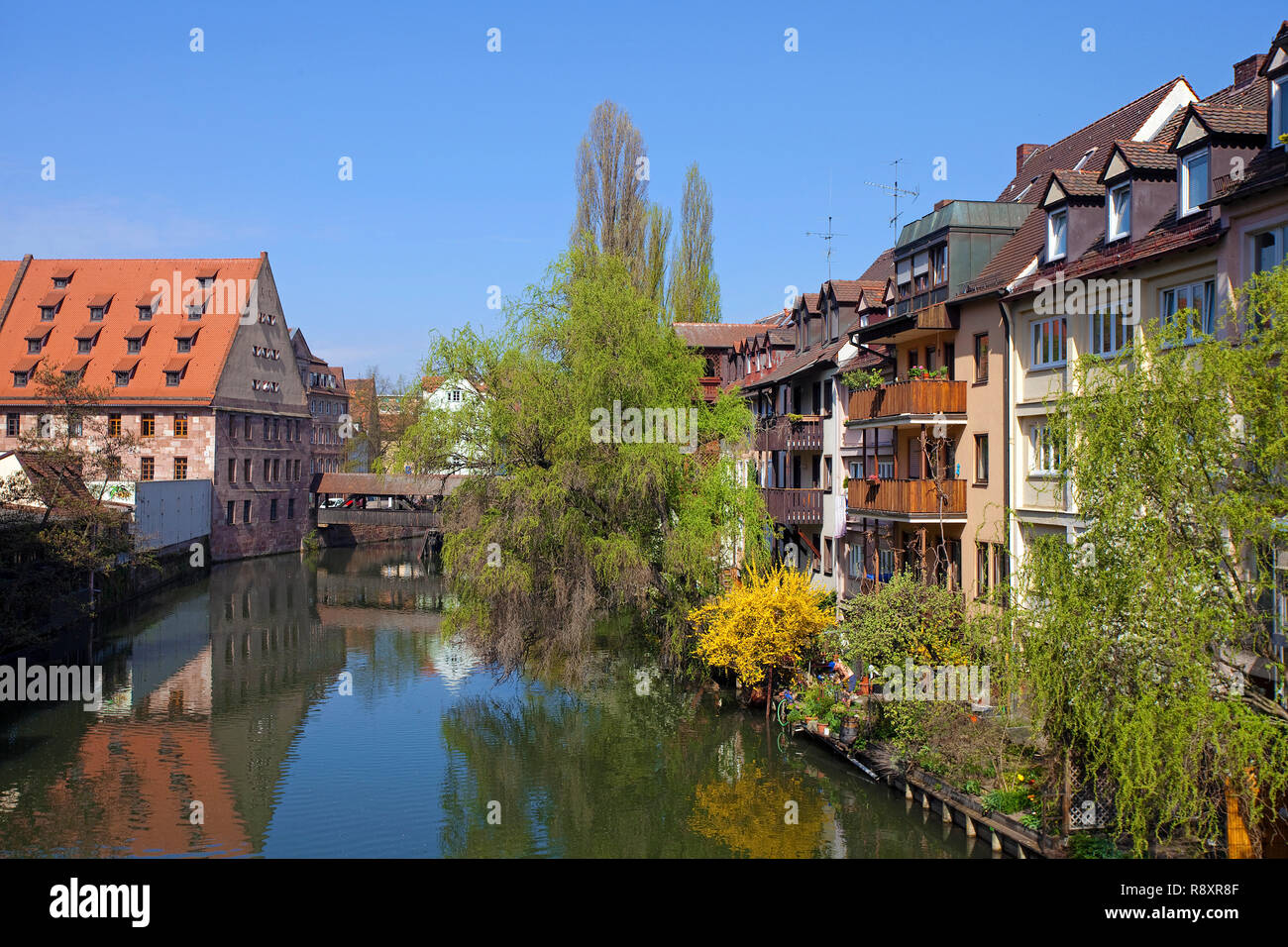 View from the Karls bridge to the Henkersteg, residential houses at thePegnitz river, old town, Nuremberg, Franconia, Bavaria, Germany, Europe Stock Photo