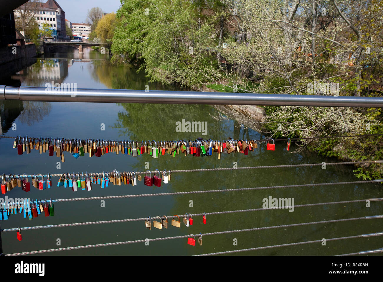 Love locks at a footbridge, Pegnitz river, old town, Nuremberg, Franconia, Bavaria, Germany, Europe Stock Photo