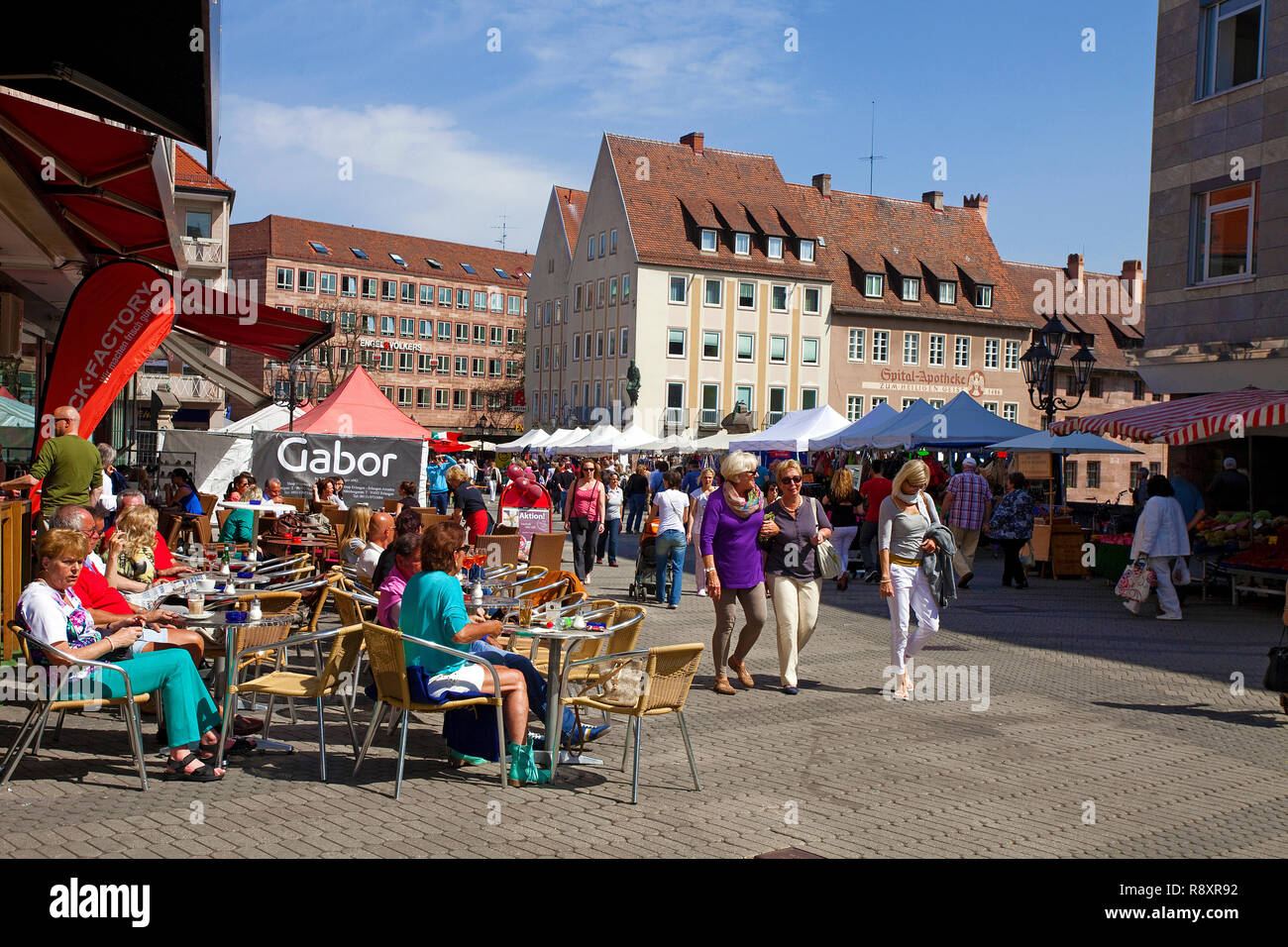 Street cafe at the King street, close Museum bridge, old town, Nuremberg, Franconia, Bavaria, Germany, Europe Stock Photo