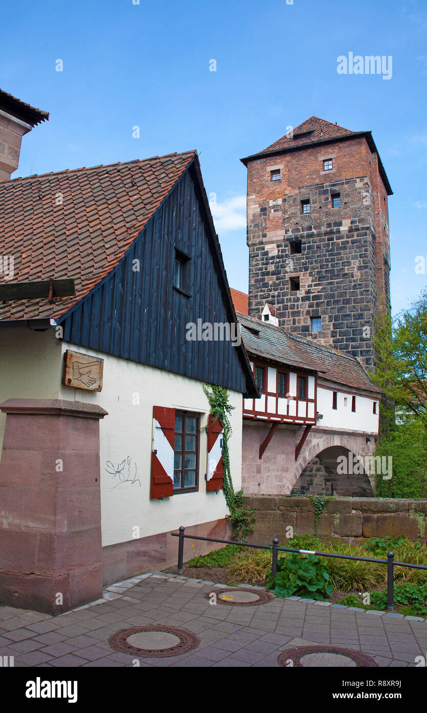 Henkersteg footbridge and Henkerhaus building, old town, Nuremberg, Franconia, Bavaria, Germany, Europe Stock Photo