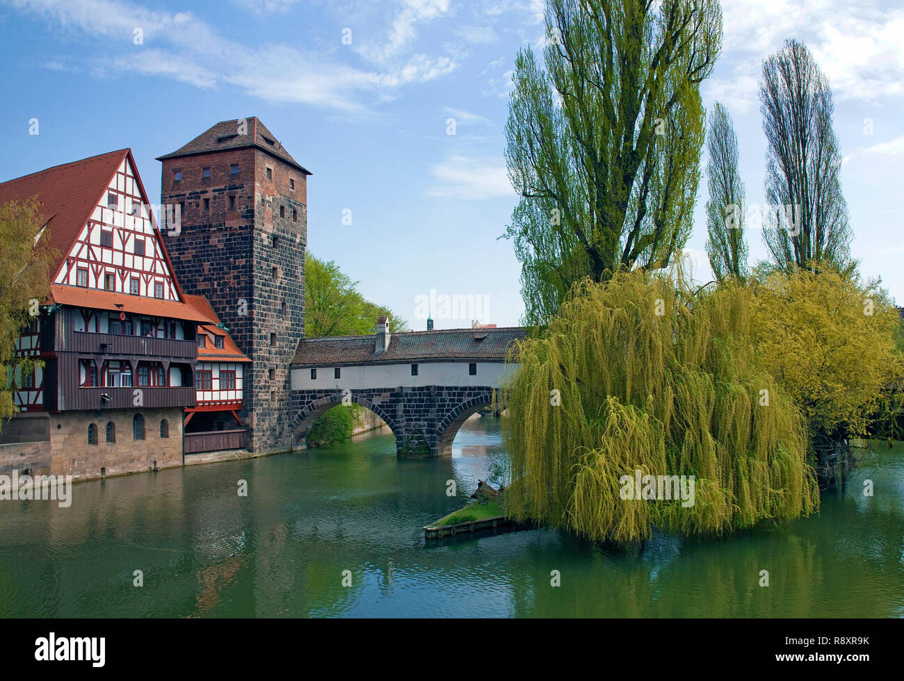 Old Wine house and water tower at the Max bridge, Pegnitz river, old town, Nuremberg, Franconia, Bavaria, Germany, Europe Stock Photo