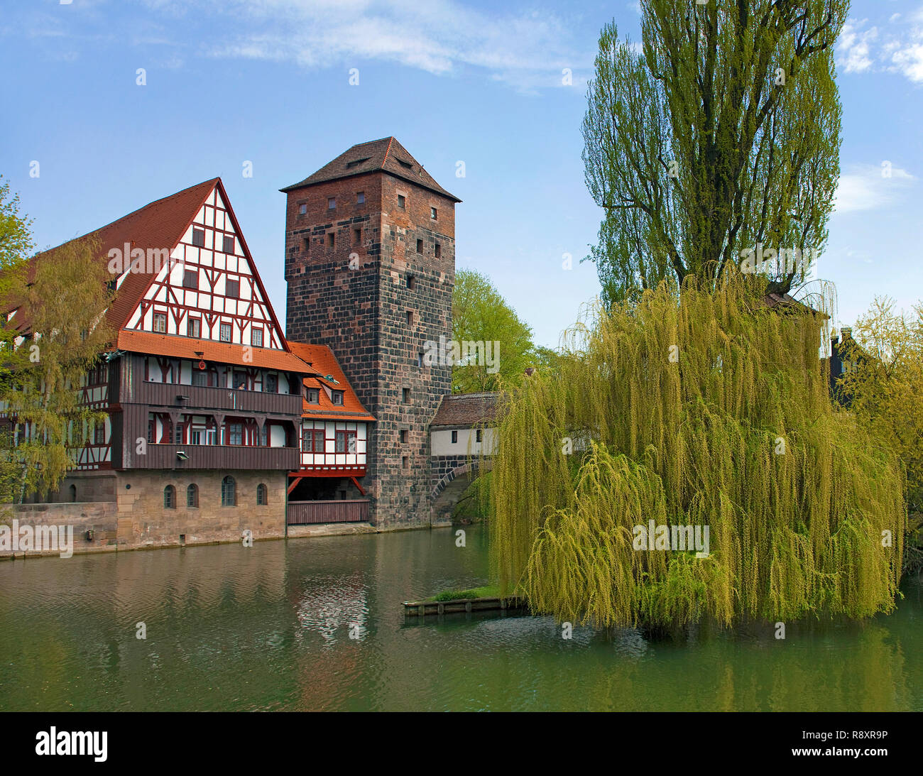 Old Wine house and water tower at the Max bridge, Pegnitz river, old town, Nuremberg, Franconia, Bavaria, Germany, Europe Stock Photo