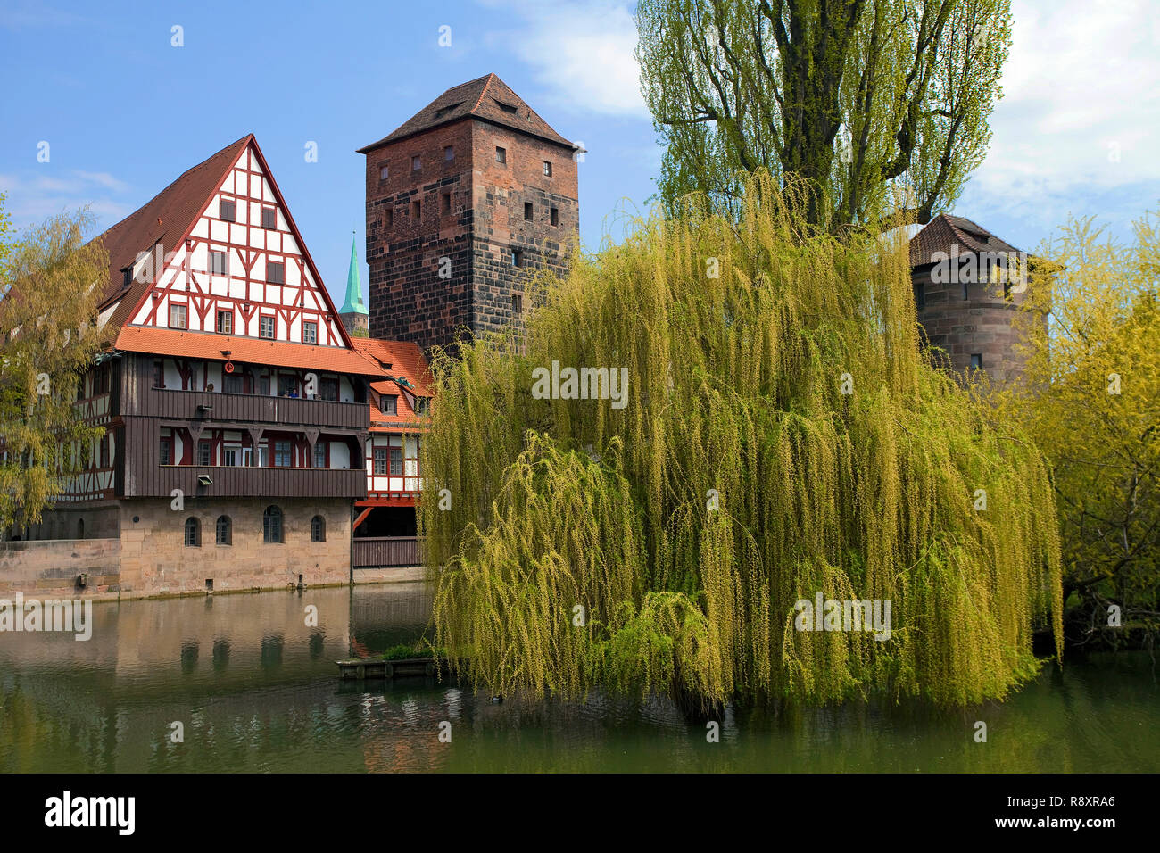 Old Wine house and water tower at the Max bridge, Pegnitz river, old town, Nuremberg, Franconia, Bavaria, Germany, Europe Stock Photo